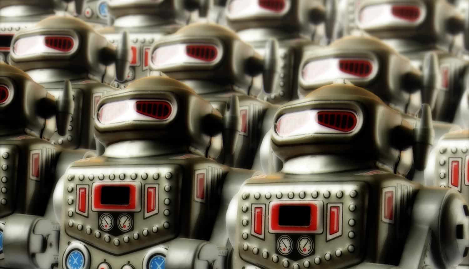 Army of toy robots showing AI agents