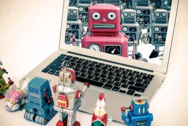 Robot toys getting instructions showing AI agents