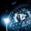 Digital shields around the globe showing cyber defense and AI hacking