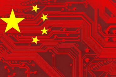 Chinese national flag on circuit board showing AI distillation