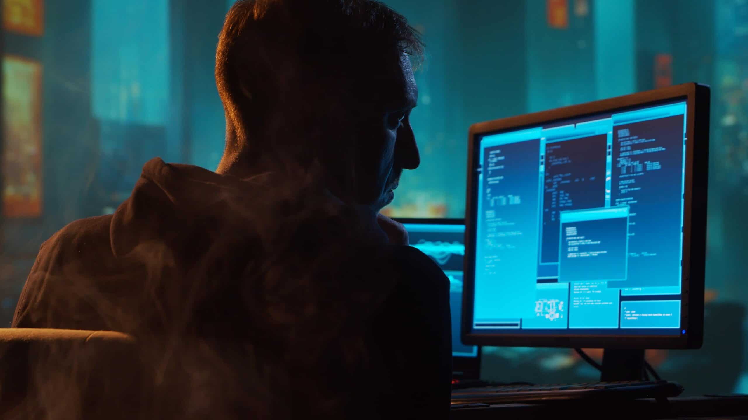 Hacker working on computer showing cyber attack on French supermarkets